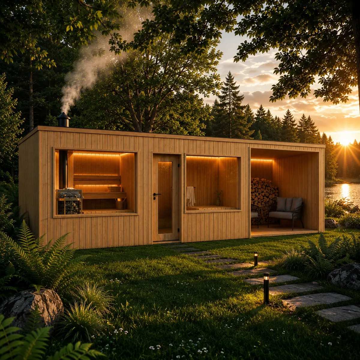 IDYL sauna at golden hour by the lake
